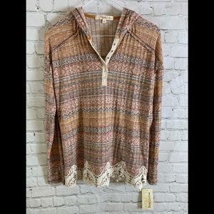 Rewind Lace Trim Multicolored Hoodie Shirt Sz L